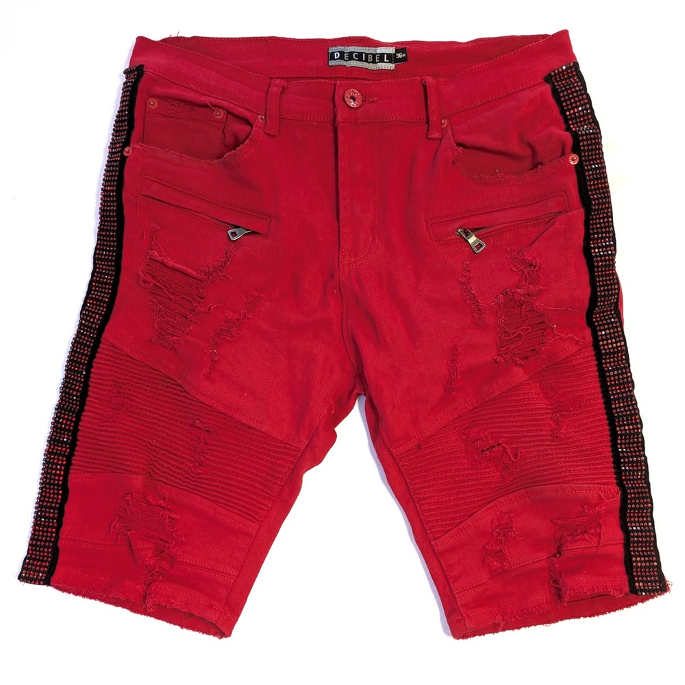 Decibel Mens Red Distressed Moto Denim Shorts Rhinestone Side Stripe Size 36w